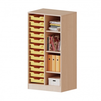 ErgoTray Regal, 2reihig, 3,5 OH, rechts 4 Fächer links 12 flache Boxen, B/H/T 70,3x136x40cm 